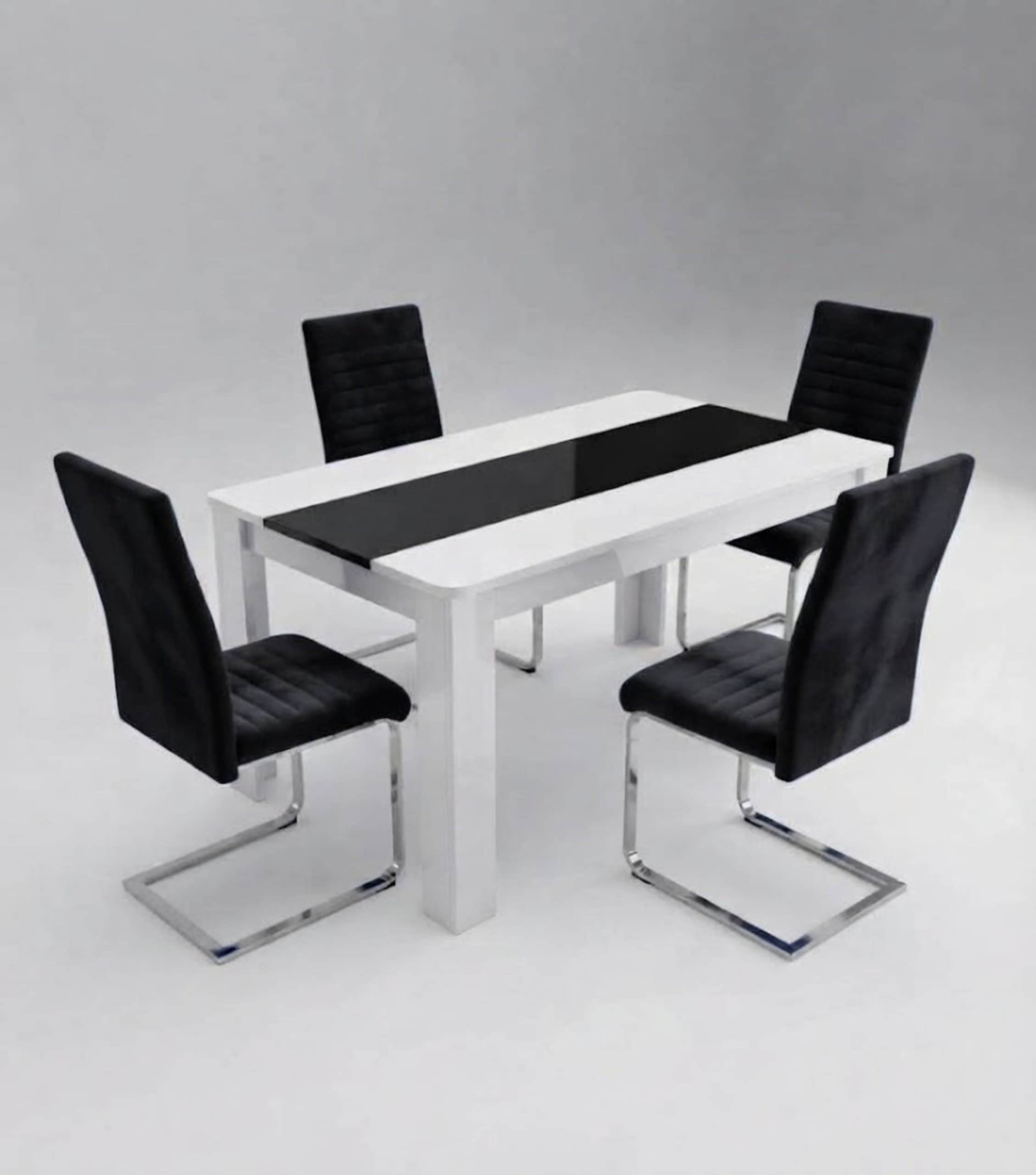 White and Black Dining Table and 4 Black High Back Velvet Chairs with Chrome Legs 4 Seater Set