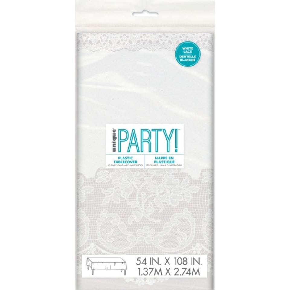 image 1 of White Lace Rectangular Plastic Table Cover, 54"x108"