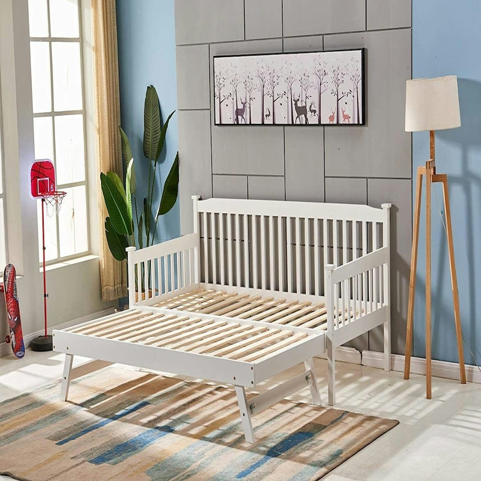 image 1 of Daybed With Trundle white 3ft single and 2 mattresses wooden pull out guest room bedroom