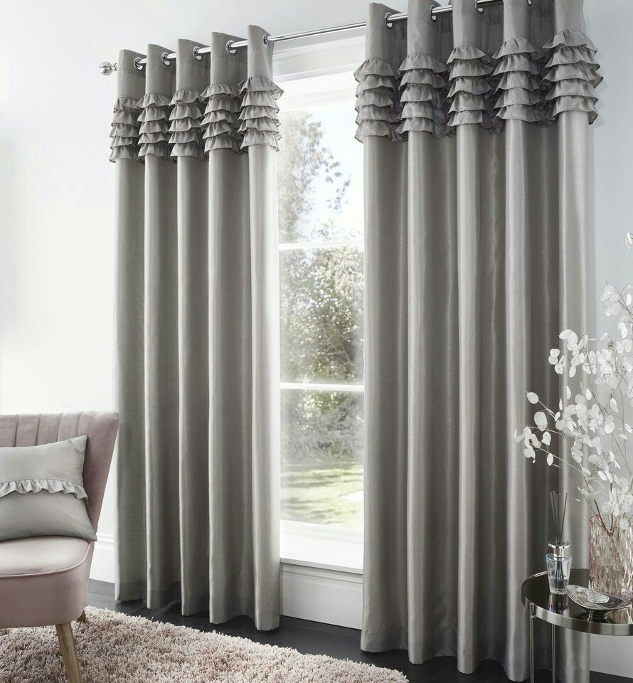 image 1 of Catherine Lansfield Flamenco Fully Lined Eyelet Curtains Silver | Silver | 90x90"