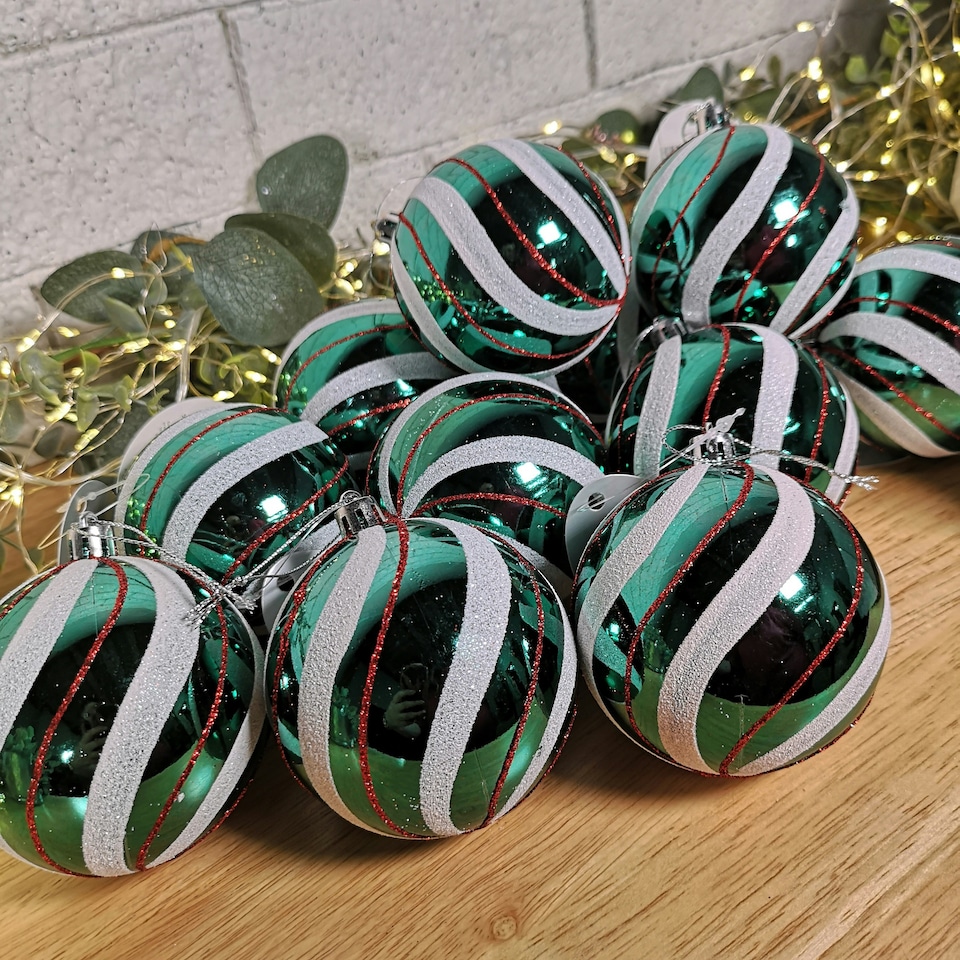 image 1 of Box of 12 8cm Green with White and Red Glitter Shatterproof Christmas Bauble Decoration in PDQ