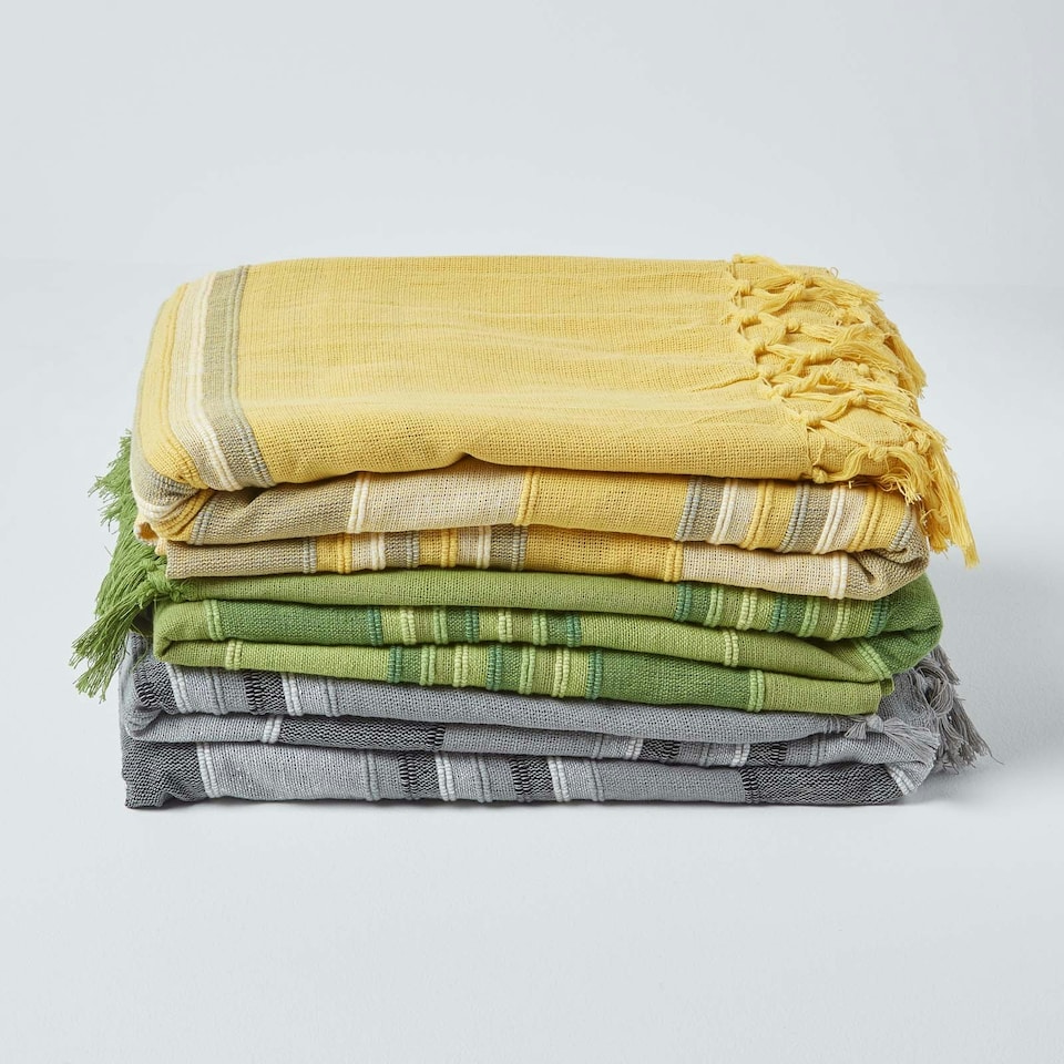 image 1 of Homescapes Cotton Morocco Striped Green Throw - 255 x 360 cm | Green