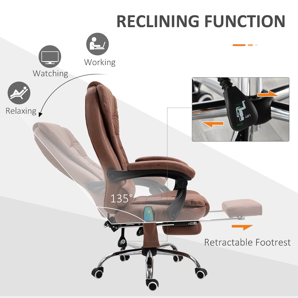 image 1 of Vinsetto Office Chair with 6 Point Massage and Back Heat, Microfiber Desk Chair with Footrest Adjustable Height and Swivel Wheels, Back Reclining, Brown
