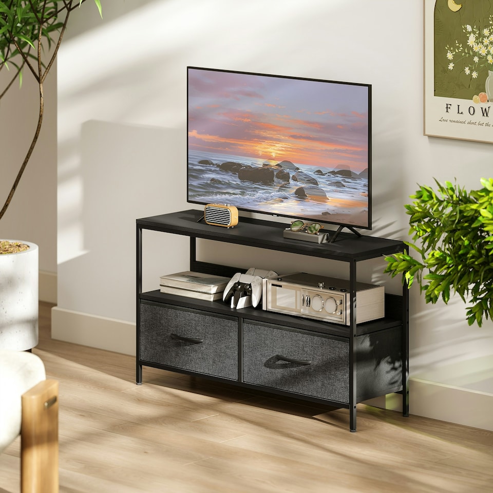 image 1 of HOMCOM TV Cabinet, TV Console Unit with 2 Foldable Linen Drawers Black
