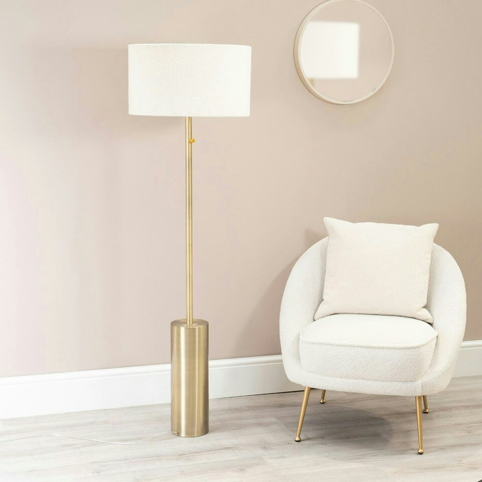 image 1 of ValueLights Lexy Cream Boucle Shade with Antique Brass Dimmable Floor Lamp and LED Bulb