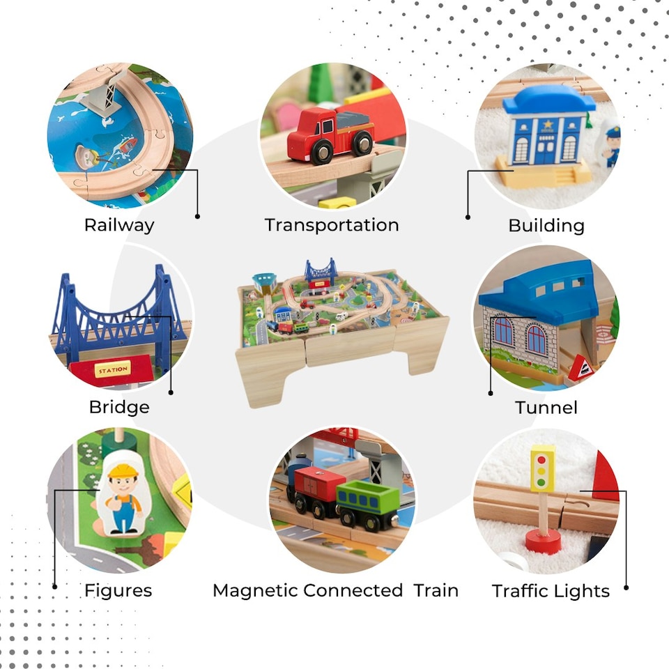 image 1 of Hooga Kids Activity Table Including 80 Piece Wooden Train Playset | Brown