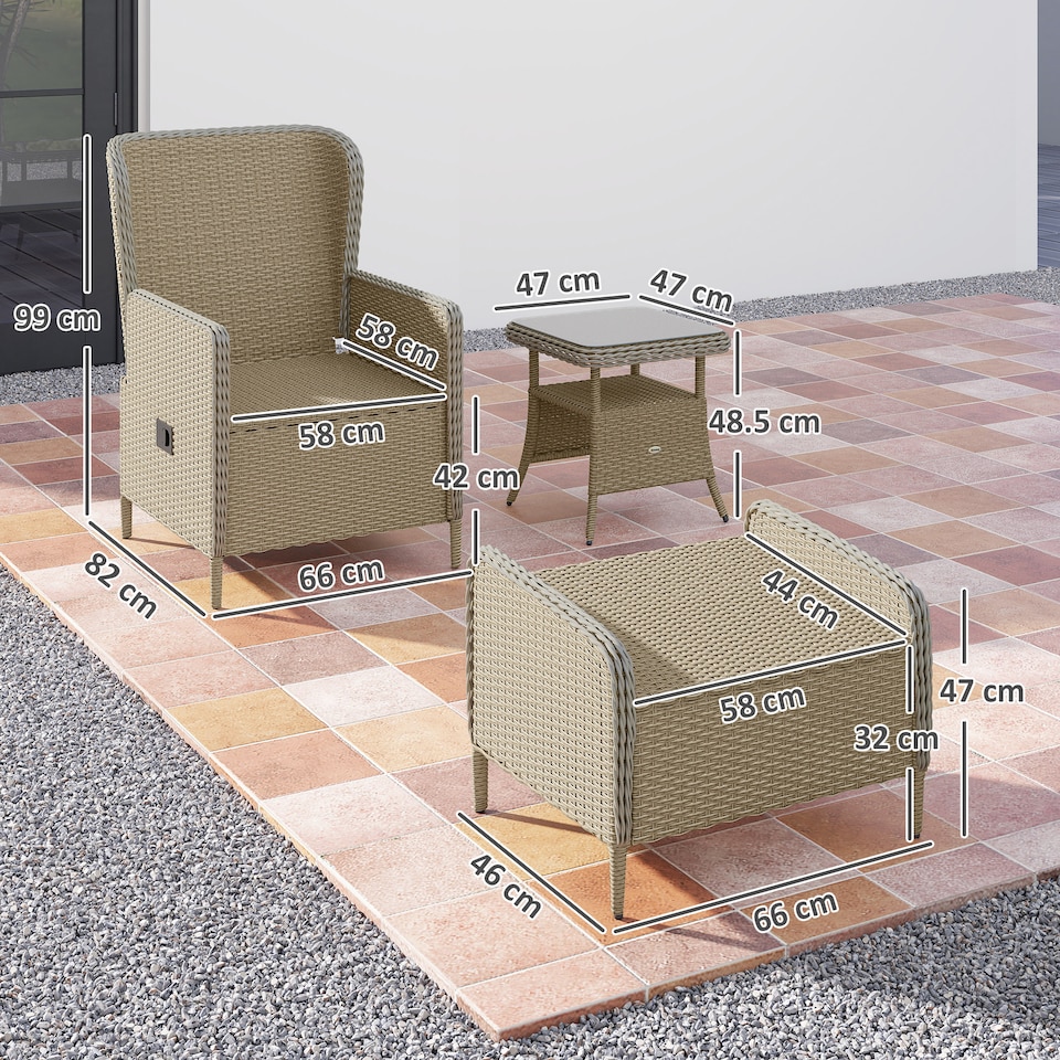 image 1 of Outsunny 5 Piece Rattan Garden Furniture Set with Recliner Chairs, Wicker Patio Conversation Set with Footstools, 2-Tier Glass Top Coffee Table, Cushions for Outdoor, Balcony, Porch, Light Grey