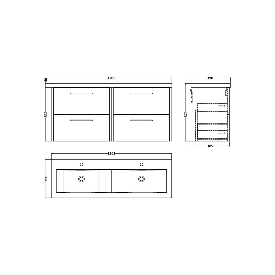 image 1 of Balterley Winshill Contemporary 4 Drawer Wall Hung Vanity Unit with Double Basin, Grey, 1200mm