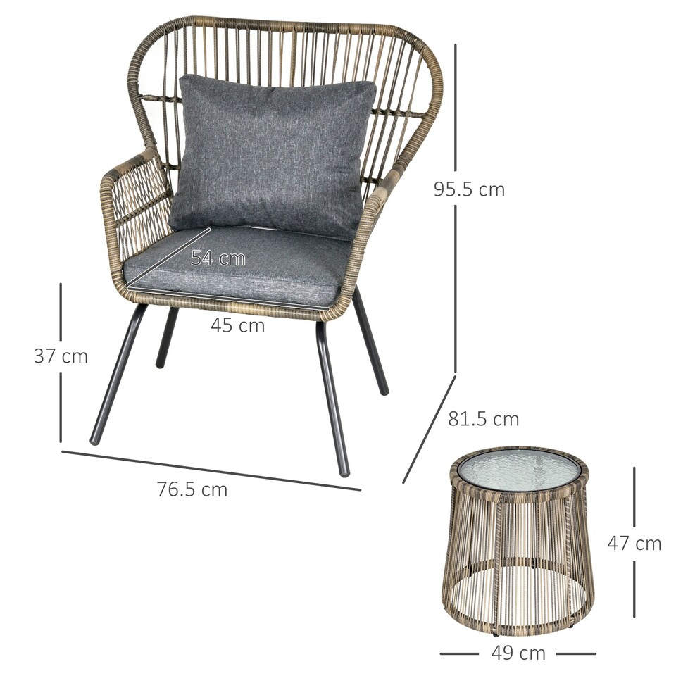 image 1 of Outsunny 3 PCS Webbed PE Rattan Outdoor Patio Set w/ Cushions Steel Frame Grey
