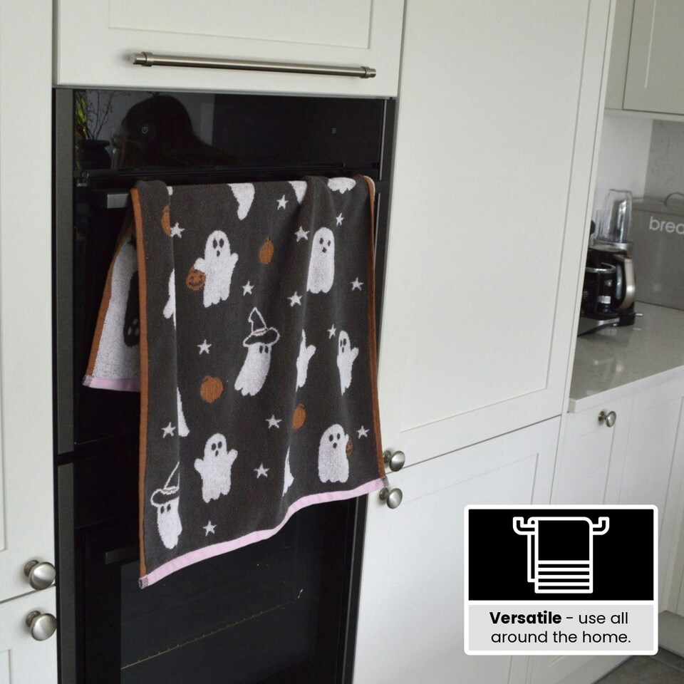 image 1 of Luxury Halloween Hand Towels Pack of 2 - 100% Cotton Spooky Tea Towels Grey | Ghosties