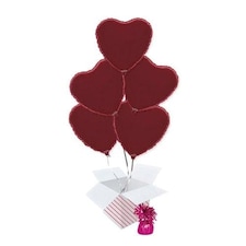 Burgundy Heart Foil Helium Balloon Bouquet - 5 Inflated Balloons In A Box