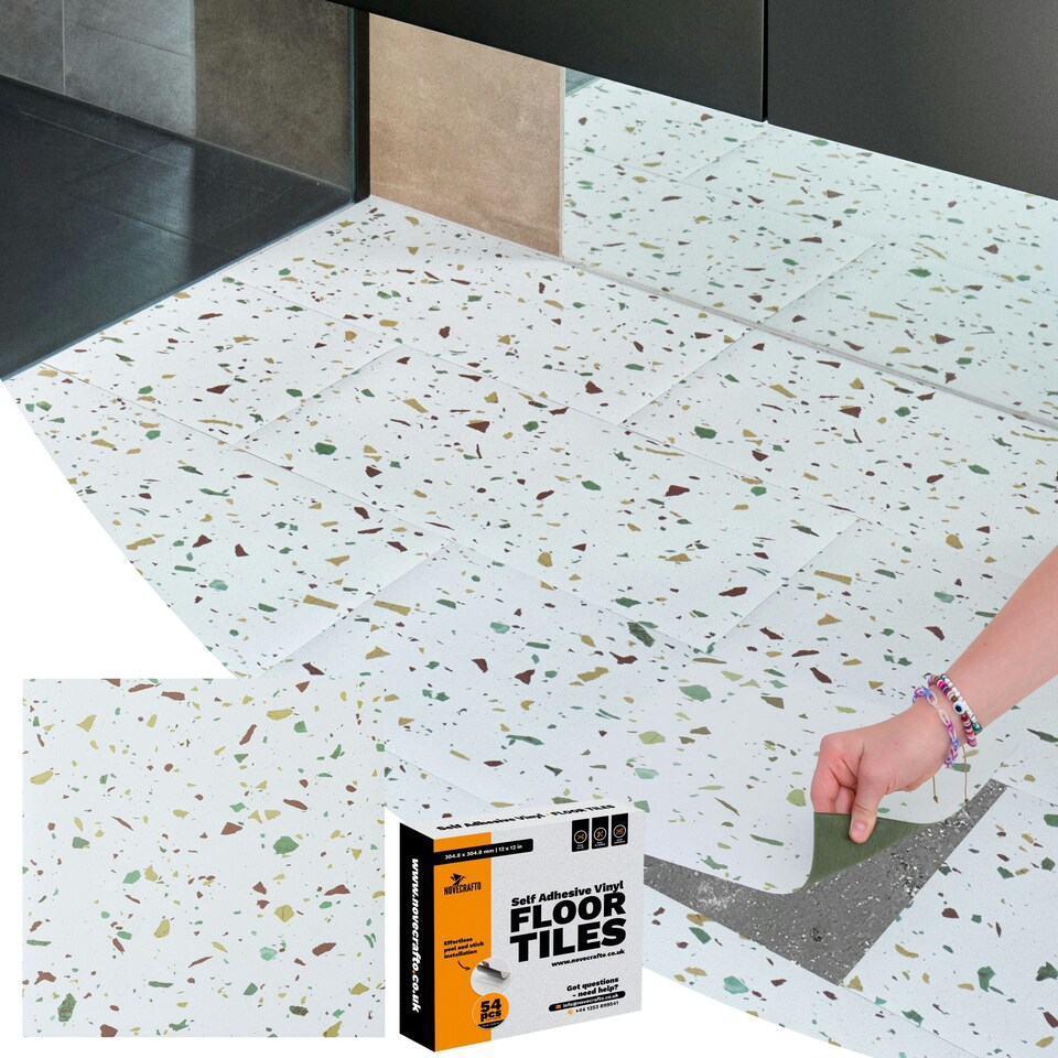 image 1 of NOVECRAFTO Vinyl Floor Tiles Self Adhesive – 18x18in Peel and Stick Large Square Flooring for Kitchen, Bathroom & Living Room – White Grey Terrazzo Effect White | 6.27 sqm