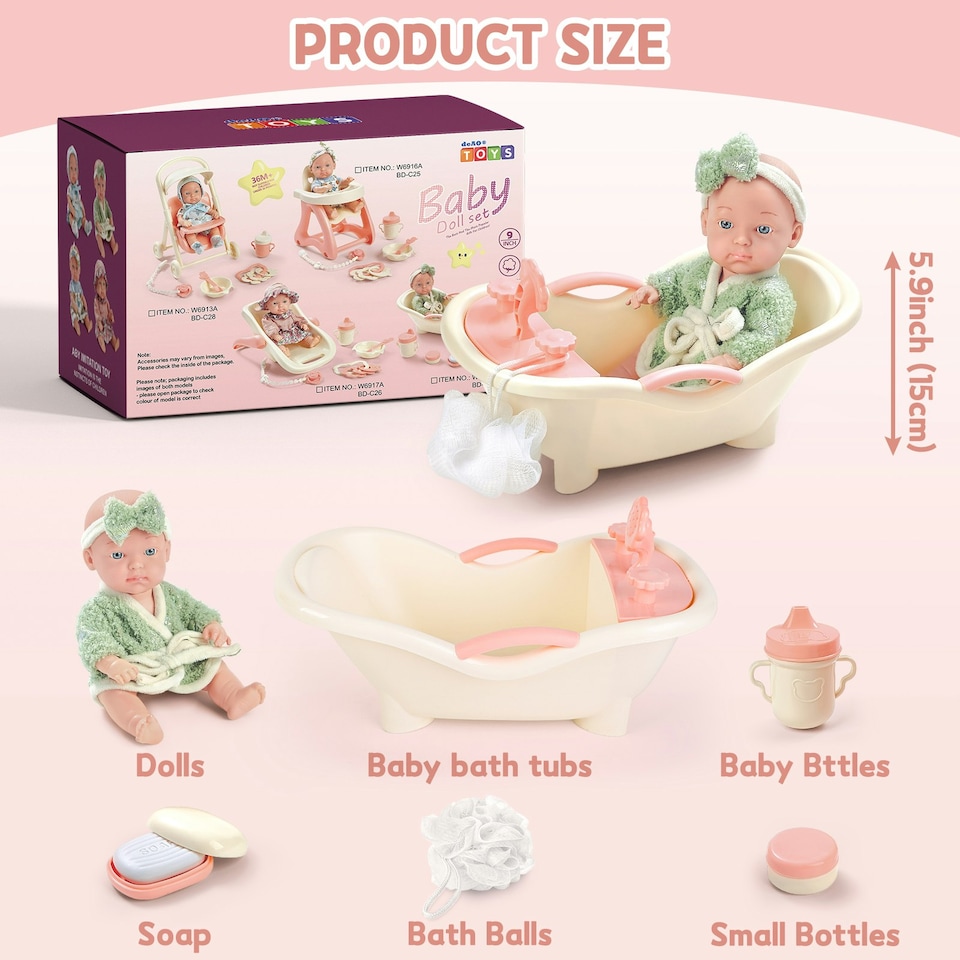 image 1 of Baby Doll Bath Play Set - Doll Bathtub Set with Trolley, and clean Accessories