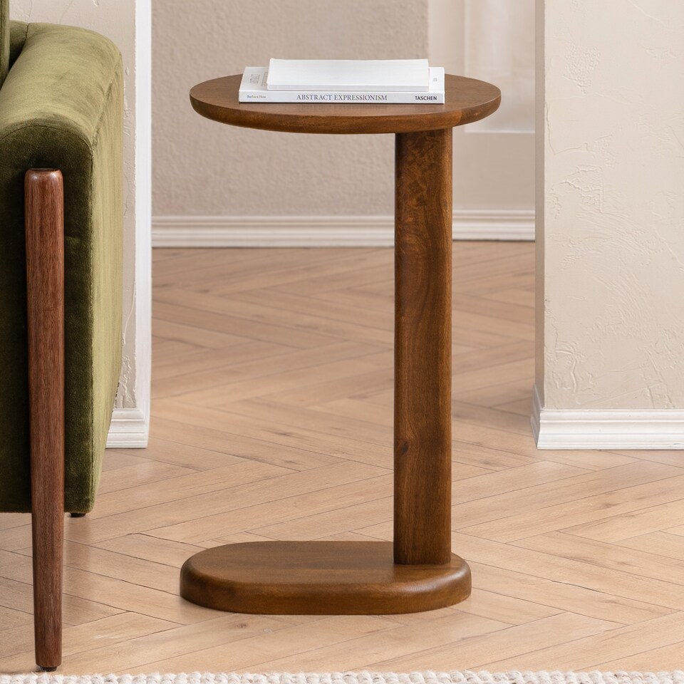 image 1 of Nora C-Shaped Solid Mango Wood Sofa Side Table for Living Room
