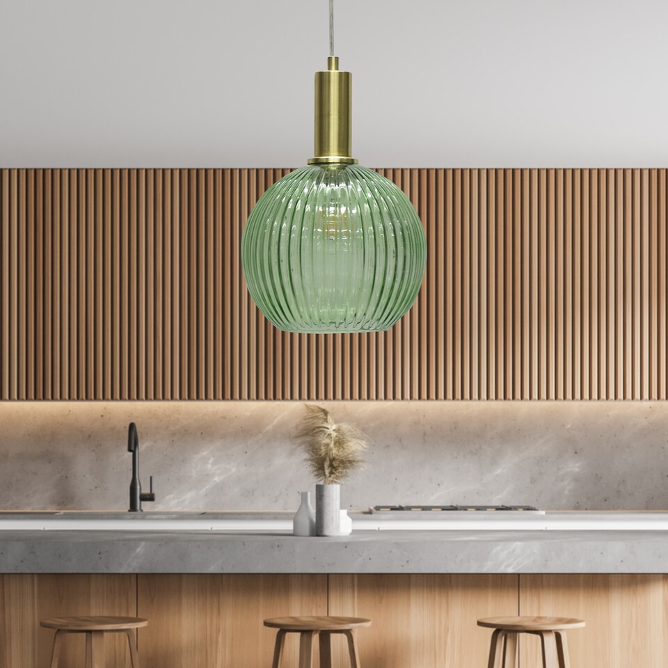 image 1 of Set of 2 Betchley - Green Ribbed Glass Globe Satin Brass Deco Pendants