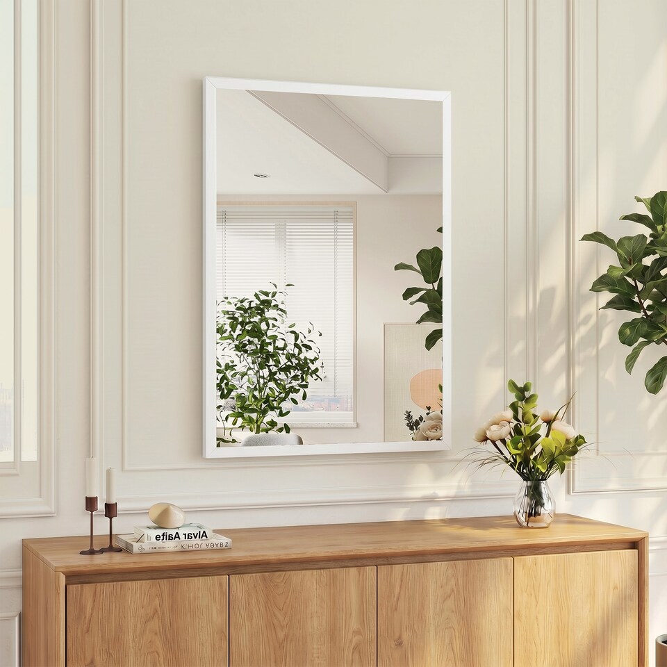 image 1 of HOMCOM Wall-Mounted Bathroom Mirror, Decorative Rectangular, White