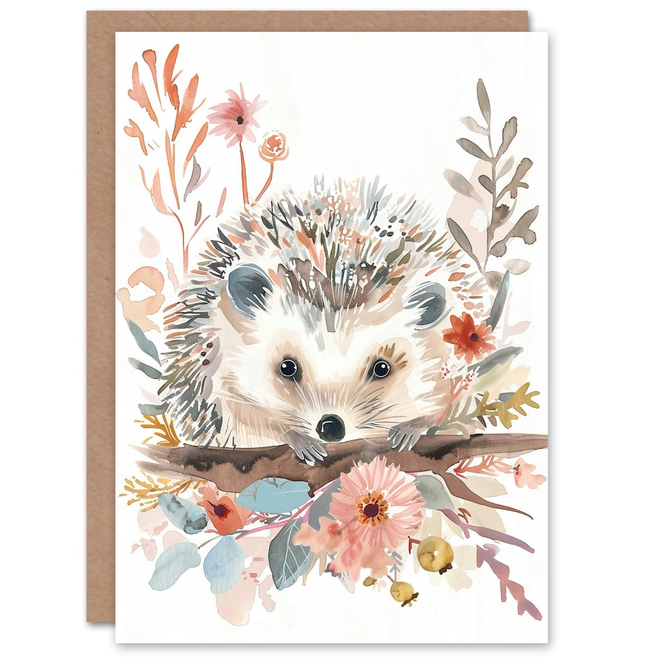 image 1 of Wildflowers Hedgehog Modern Watercolour Pastel Him Her Birthday Card