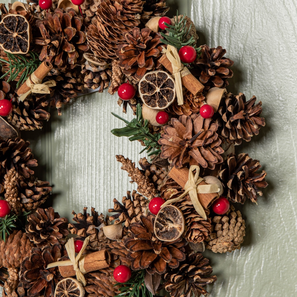 image 1 of 36cm Winter Spice Hanging Christmas Wreath with Pine Cones Red Berries & Dried Fruit