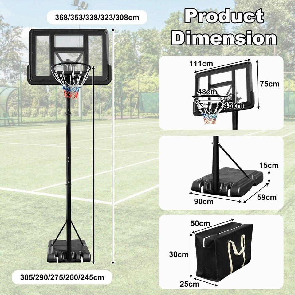 image 1 of COSTWAY 10ft Basketball Backboard Hoop 2.45M-3.05M Height | Black | Standard