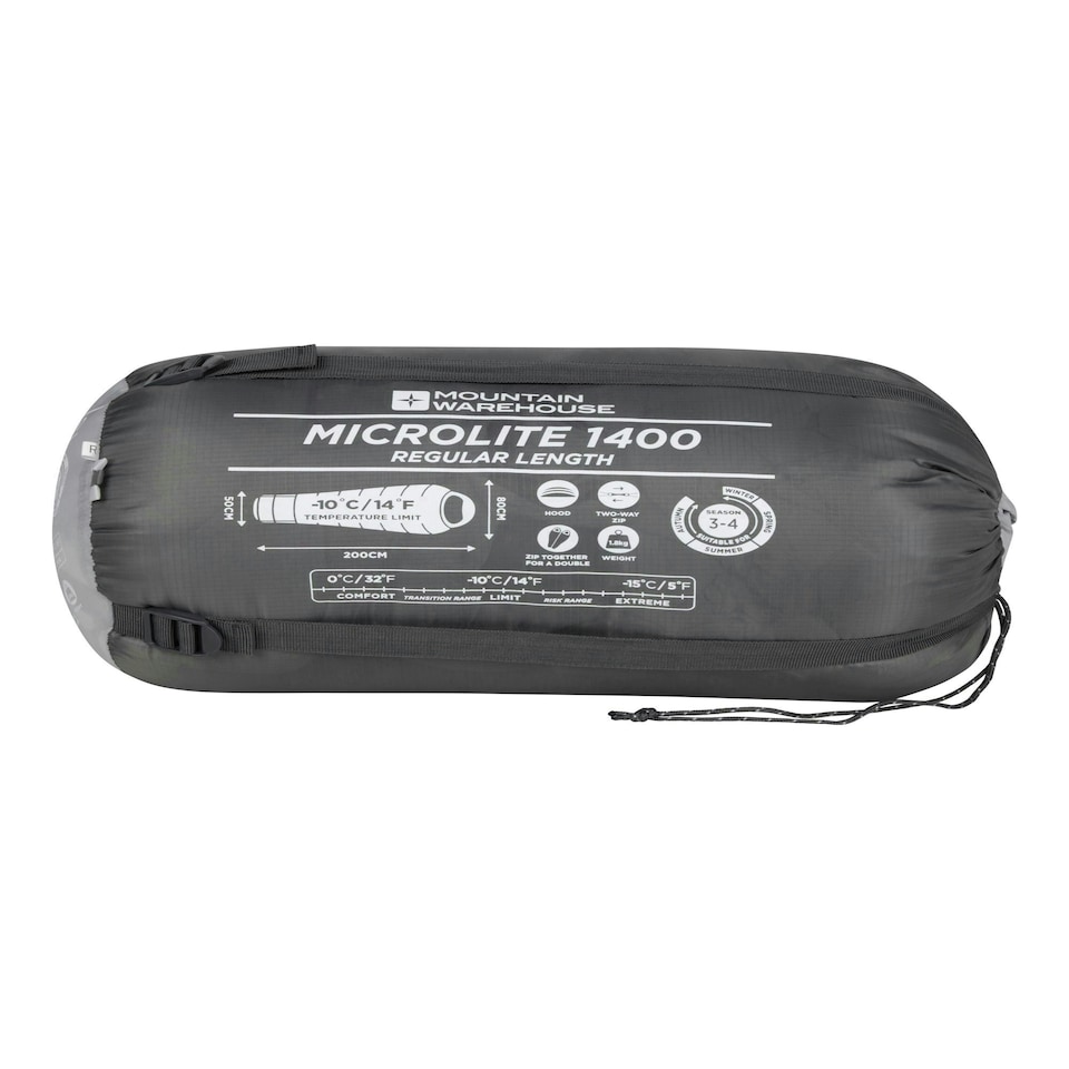 image 1 of Mountain Warehouse Microlite 1400 Sleeping Bag Hollow Fibre Camping Accessory Right Handed Zip - Regular length (200cm) Grey | Dark Grey