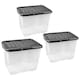 image 1 of 3 x 10 Litre Clear Transparent Base Stackable Curve Plastic Storage Boxes With Black Lids Clear