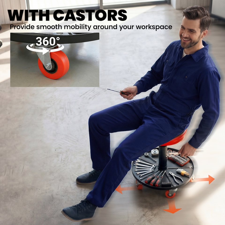 image 1 of HOMCOM Pneumatic Adjustable Mechanic Stool w/ Tool Tray, Wheels | Orange | Orange | Φ40 x 38-48H cm
