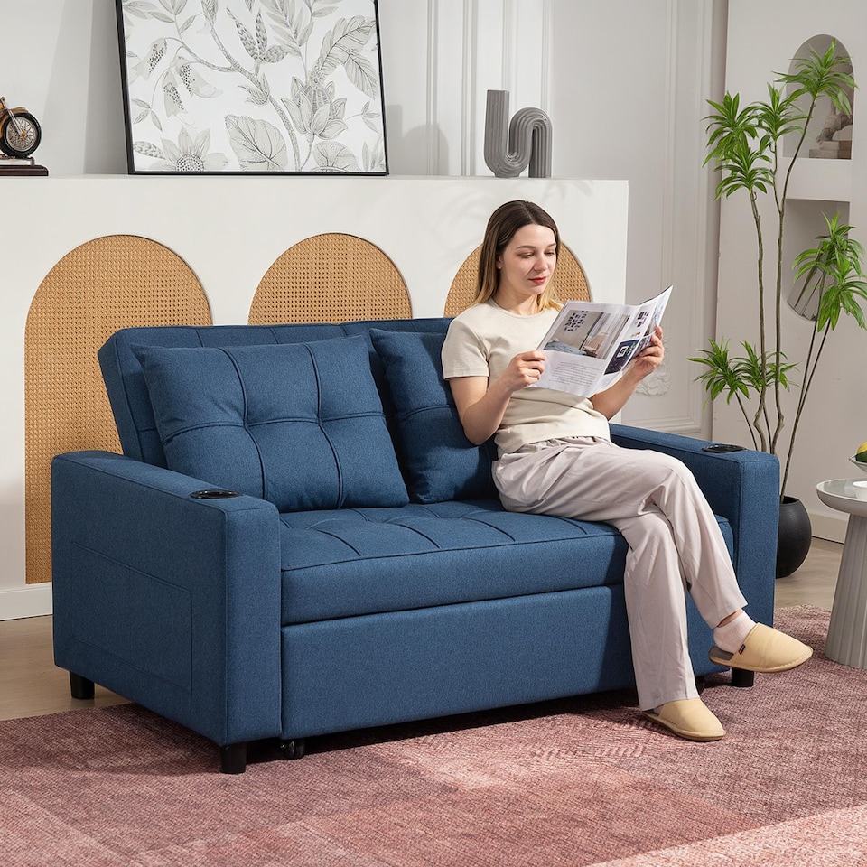 image 1 of HOMCOM 2 Seater Pull Out Sofa Bed with Pockets for Living Room, Dark Blue