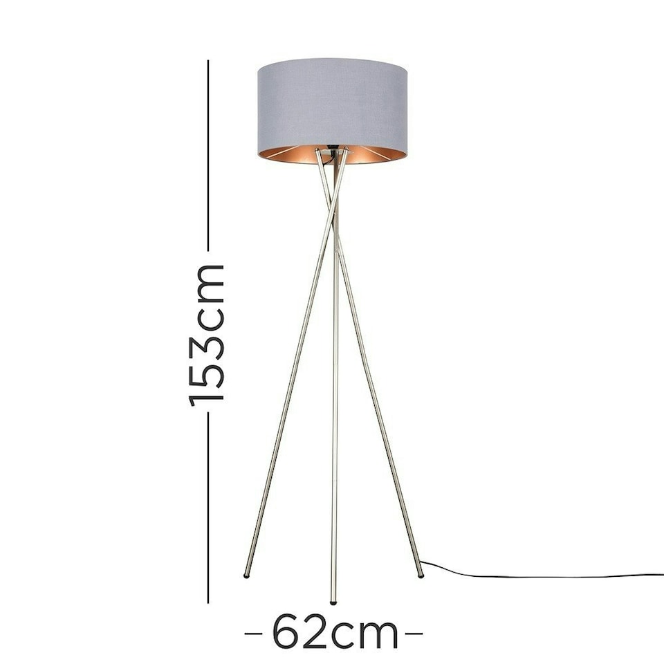 image 1 of ValueLights Camden Brushed Chrome Tripod Floor Lamp Grey Copper Shade and Bulb