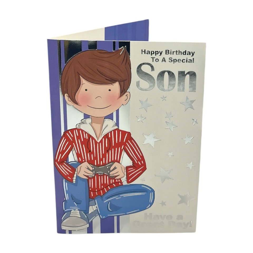 image 1 of To Son Juvenile Boy In Red Shirt Design Birthday Card