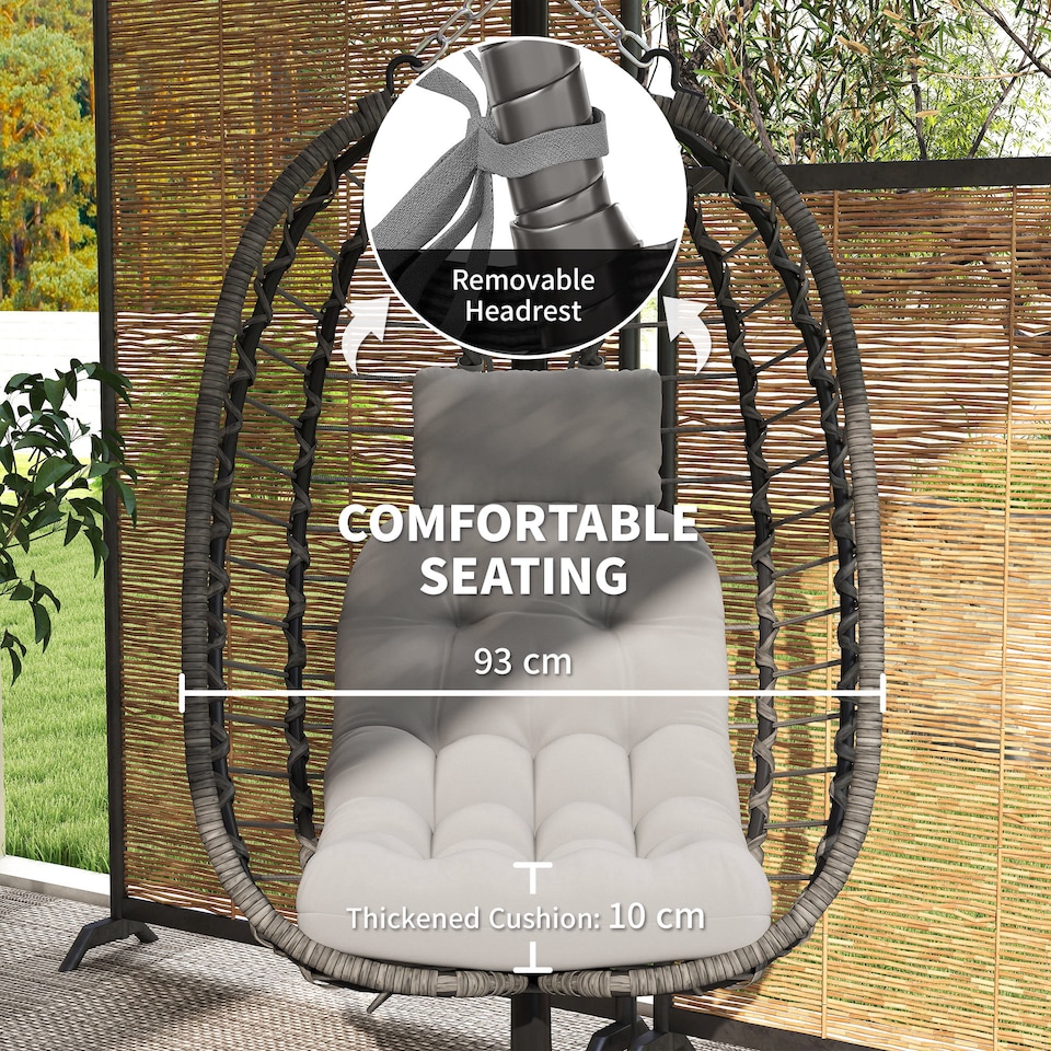 image 1 of Outsunny Rattan Hanging Egg Chair, Foldable Wicker Hammock Swing Chair with Cushion, Stand, Adjustable Height, Head Pillow, Steel Frame for Garden Patio Indoor Outdoor, Light Grey | Grey | Light Grey