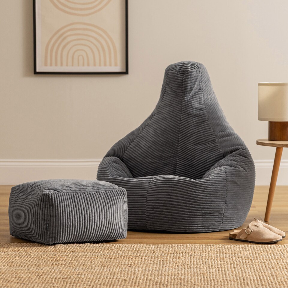 image 1 of Dalton Cord Adults Bean Bag Recliner and Pouffe, Ready Filled Beanbag and Footstool Grey | Grey | Charcoal Grey | 1