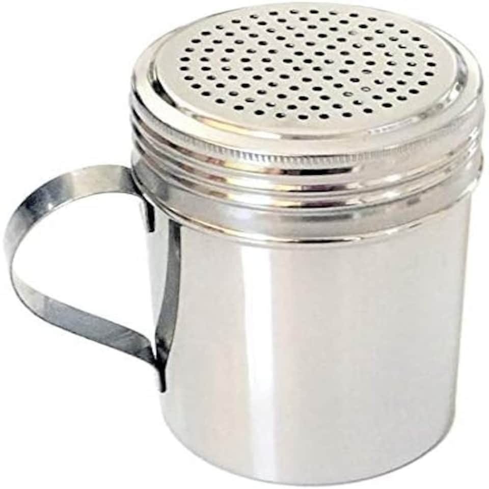 image 1 of Stainless Steel Dredger Shaker with Handle- Perfect for Shaking Cocoa, Flour Sugar Over Drinks or Dishes.-10 oz.