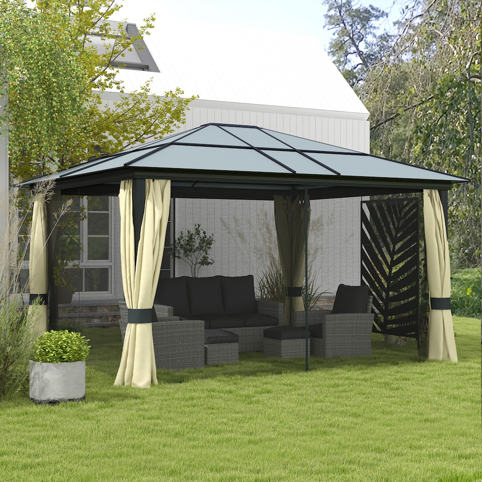 image 1 of Outsunny 3.6 x 4m Hardtop Gazebo Canopy with Polycarbonate Roof and Aluminium Frame, Garden Pavilion with Mosquito Netting and Curtains