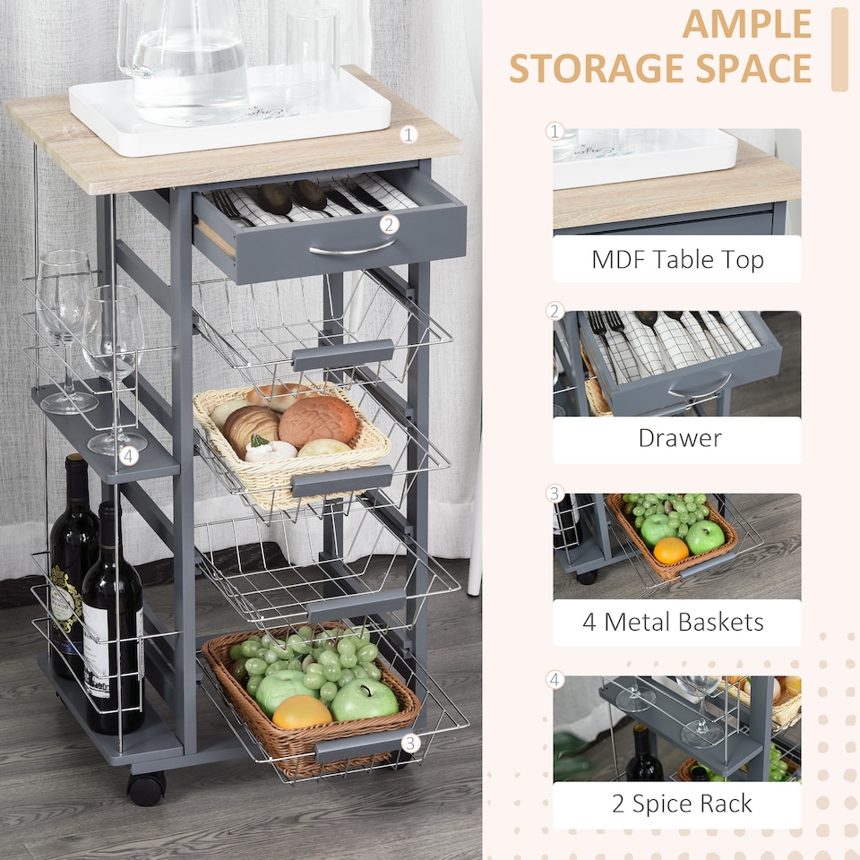 image 1 of HOMCOM Rolling Kitchen Cart, Utility Storage Cart with 4 Basket Drawers & Side Racks, Wheels for Dining Room, Grey