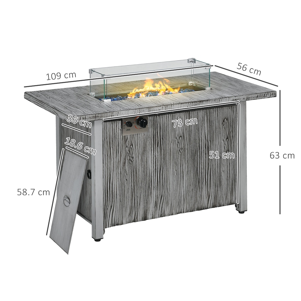 image 1 of Outsunny Propane Gas Fire Pit Table for Garden, 50000 BTU Smokeless Firepit Outdoor Patio Heater with Waterproof Cover, Glass Screen, Glass Beads and Lid, Wood Effect, 109 x 56 x 63cm, Grey