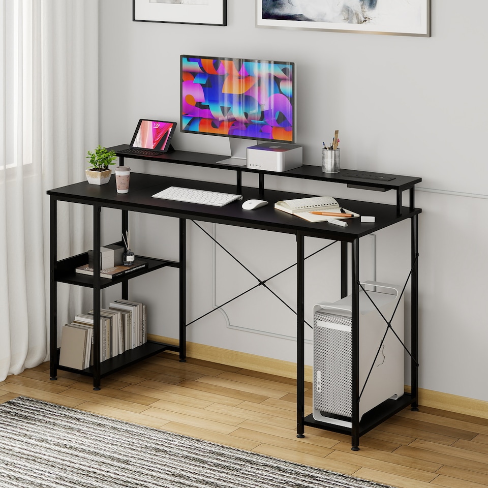 image 1 of Levede Gaming Desk Computer Table with Monitor Shelf Power Outlets RGB Light