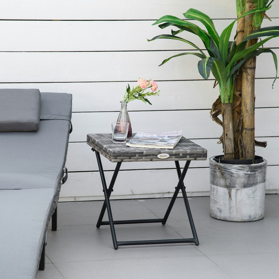 image 1 of Outsunny Folding Square Rattan Coffee Table w/ Steel Frame Bistro Garden Grey