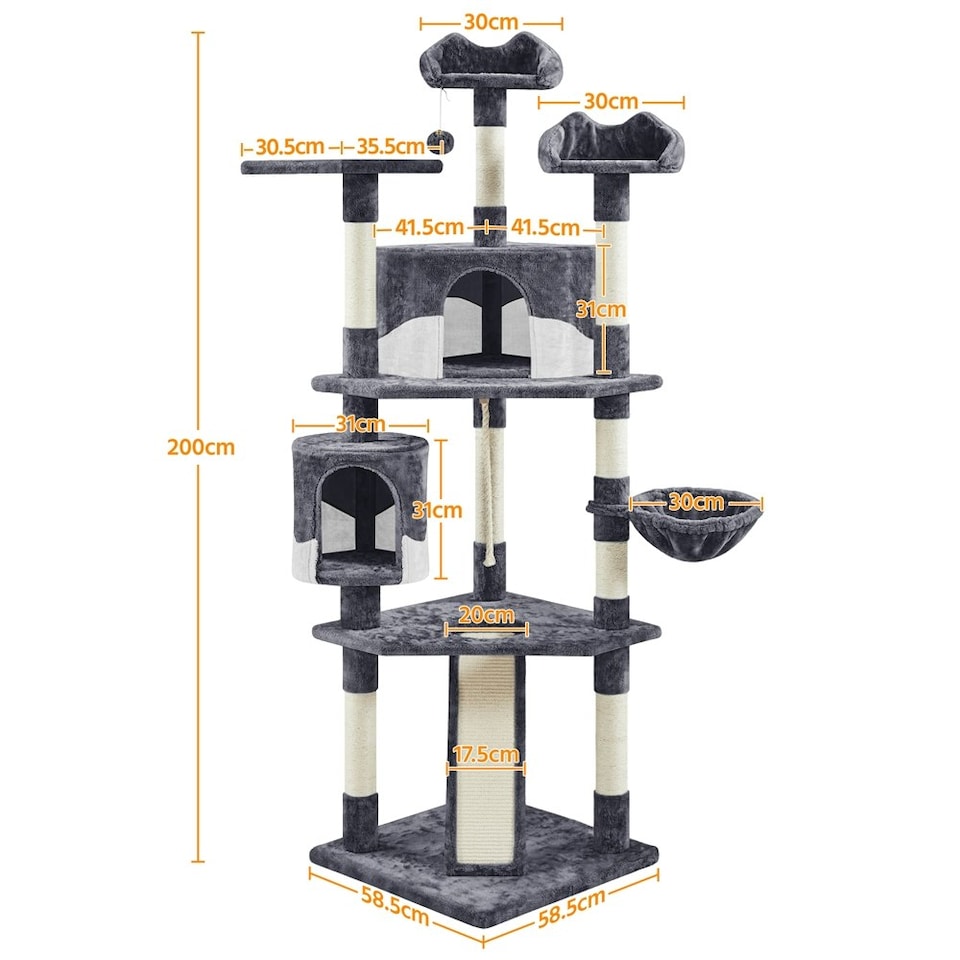 image 1 of Yaheetech 200 cm Multilevel Cat Tree with Two Condos Dark Grey