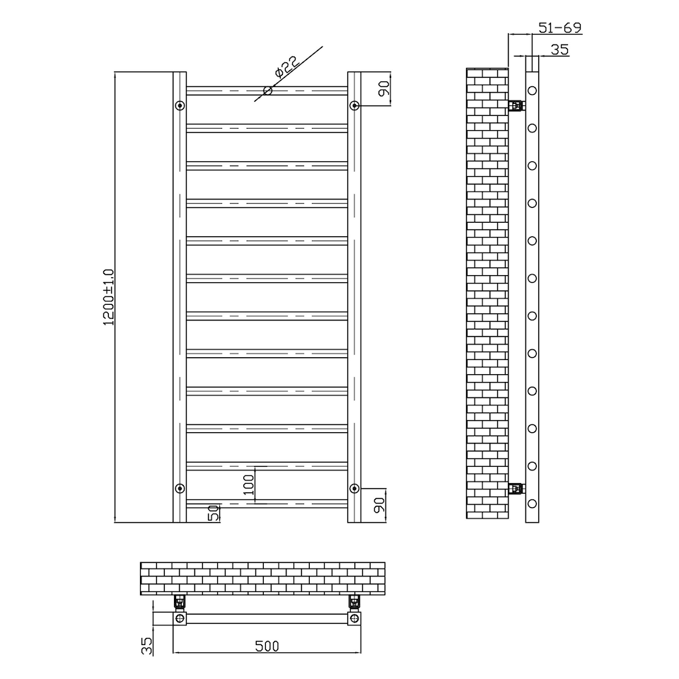 image 1 of Brushed Bronze 1200 x 500mm Heated Bathroom Towel Rail Warmer Ladder Radiator with Angled Manual Valves Pair