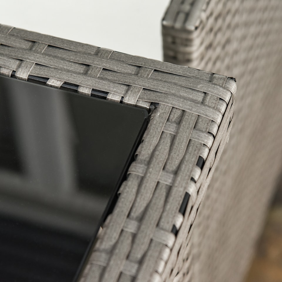 image 1 of Outsunny 2 Seater Rattan Cube Garden Furniture Set, Rattan Dining Set with Cushions, Outdoor Dining Table and Chairs with 2 Armchairs, 2 Stools, Rectangular Glass Top Table for Patio, Balcony, Grey