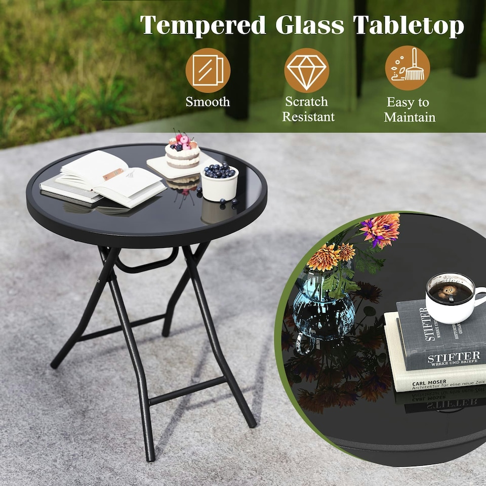 image 1 of COSTWAY Folding Glass Table Portable Patio Coffee Table Black