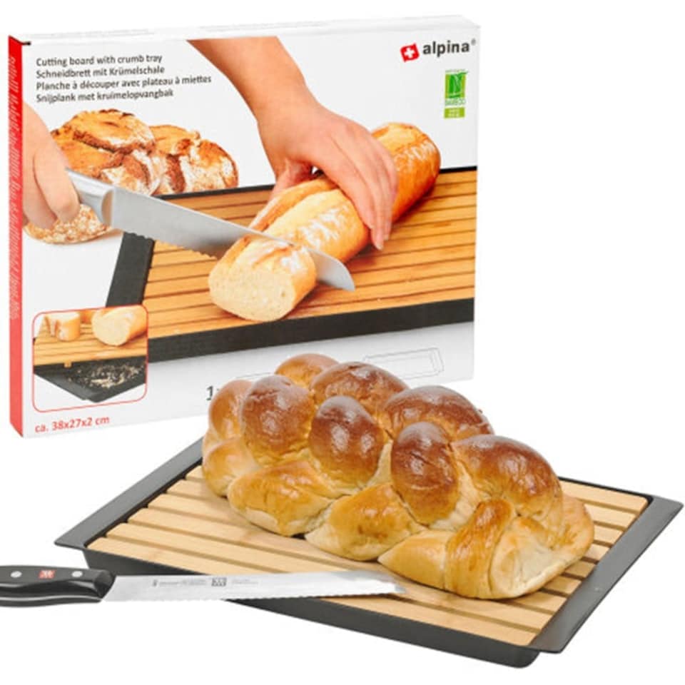 image 1 of Bamboo Wooden Cutting Board With Crumb Catcher Tray Bread Chopping Slicing Board N/A