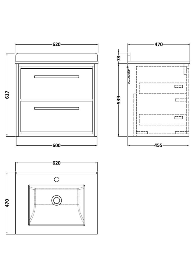 image 1 of Balterley Rectangular Bathroom Wall Hung 2 Drawer Vanity with Marble Worktop Wash Basin | Grey | Monument Grey | 617 x 620 x 470mm