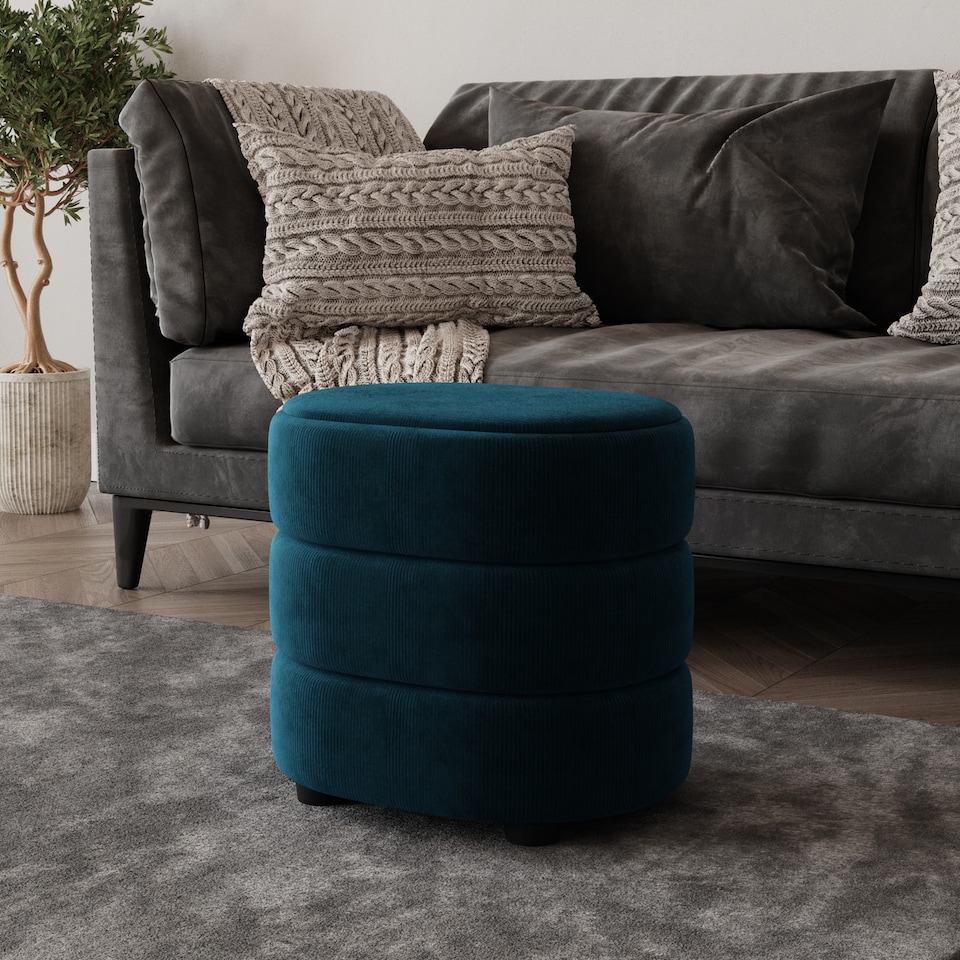 image 1 of Soft Velvet Round or Oval Ottoman Storage Pouffe Footstool Dressing Vanity Chair | Blue | Oval Teal Blue | 1