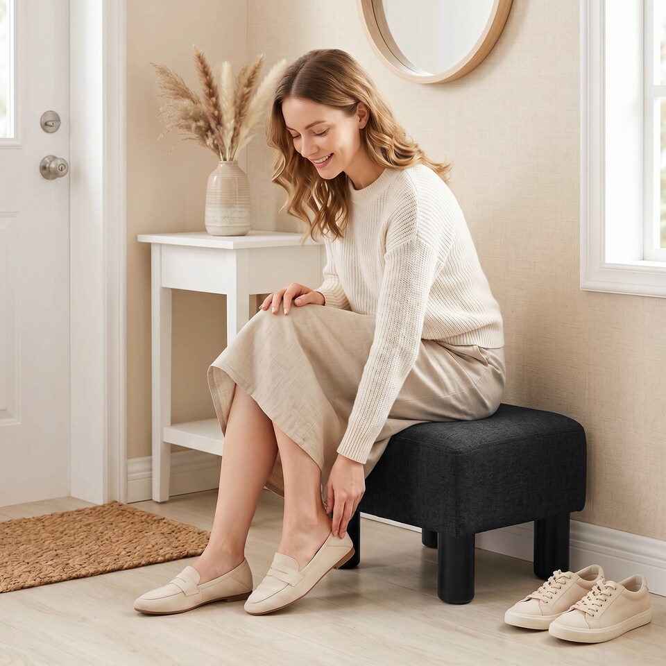 image 1 of HOMCOM Chic Linen Fabric Foot Stool Ottoman Cube with Legs