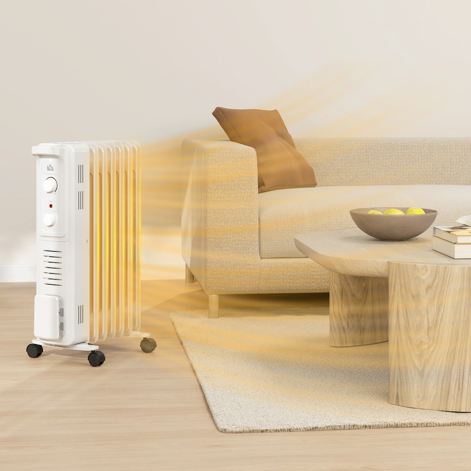 image 1 of HOMCOM 1500W Quiet Oil Filled Radiator, 7 Fin Energy Efficient Portable Electric Heater with 3 Heat Settings, Adjustable Thermostat, Safety Tip Over, Overheat Protection, for Home, White