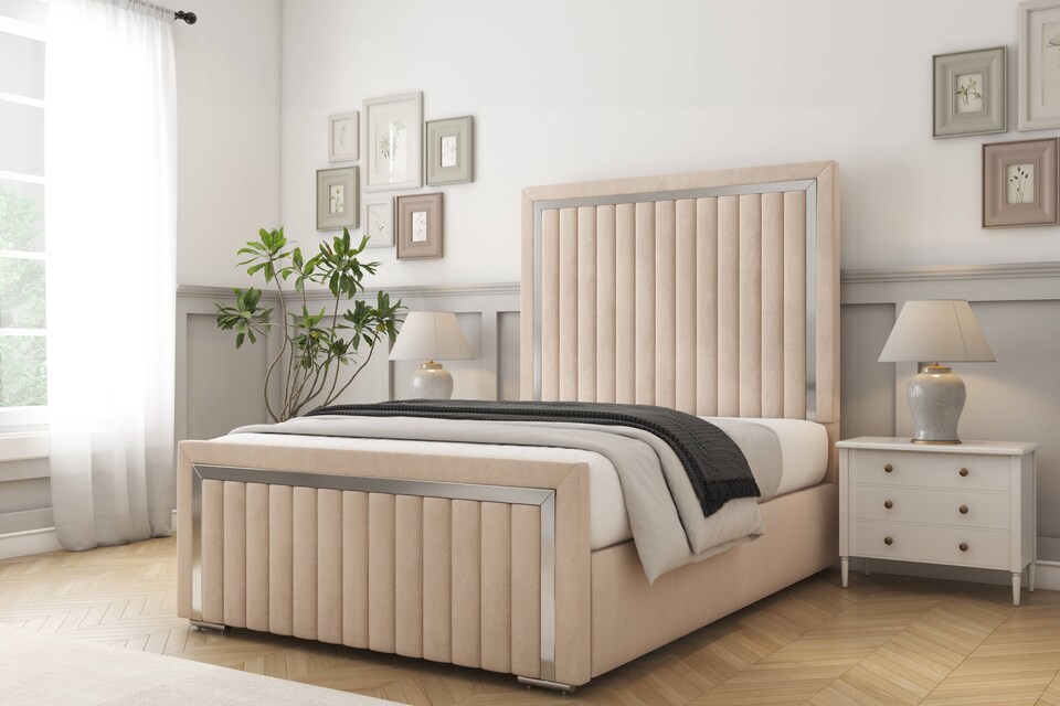 image 1 of Sloomy Boston Chrome Sand Naples Bed Frame With Mattress With 50" Upholstered Headboard 4'6 Double