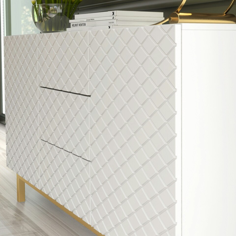 image 1 of White Sideboard with Diamond Pattern Fronts and Gold Legs – 140cm White