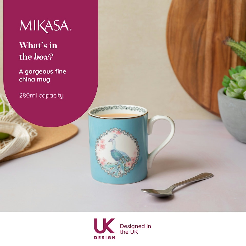 image 1 of Mikasa Peacock Straight-Sided Porcelain Mug, 280ml | Blue