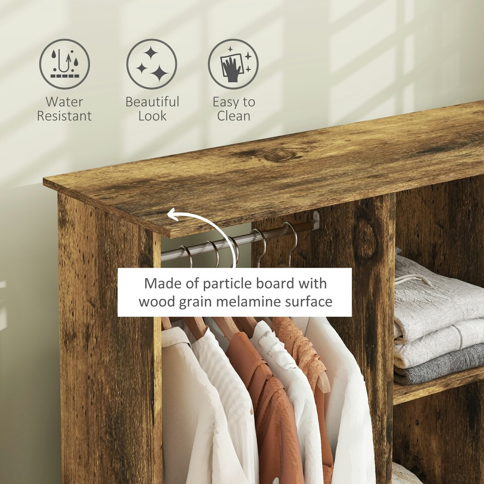 image 1 of HOMCOM Mobile Double Open Wardrobe w/ Clothes Hanging Rail, Rustic Brown